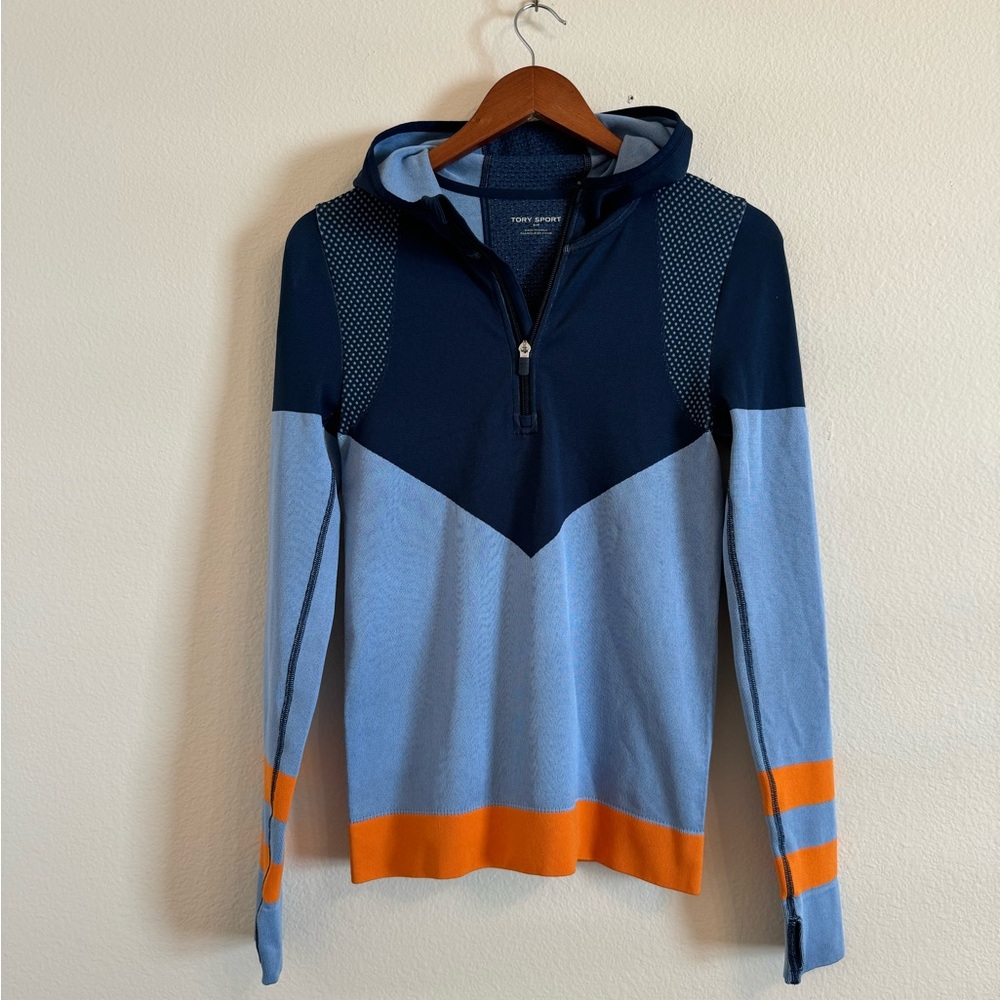Tory Burch Sport Hoodie Seamless Navy Hooded Zip Pullover Top